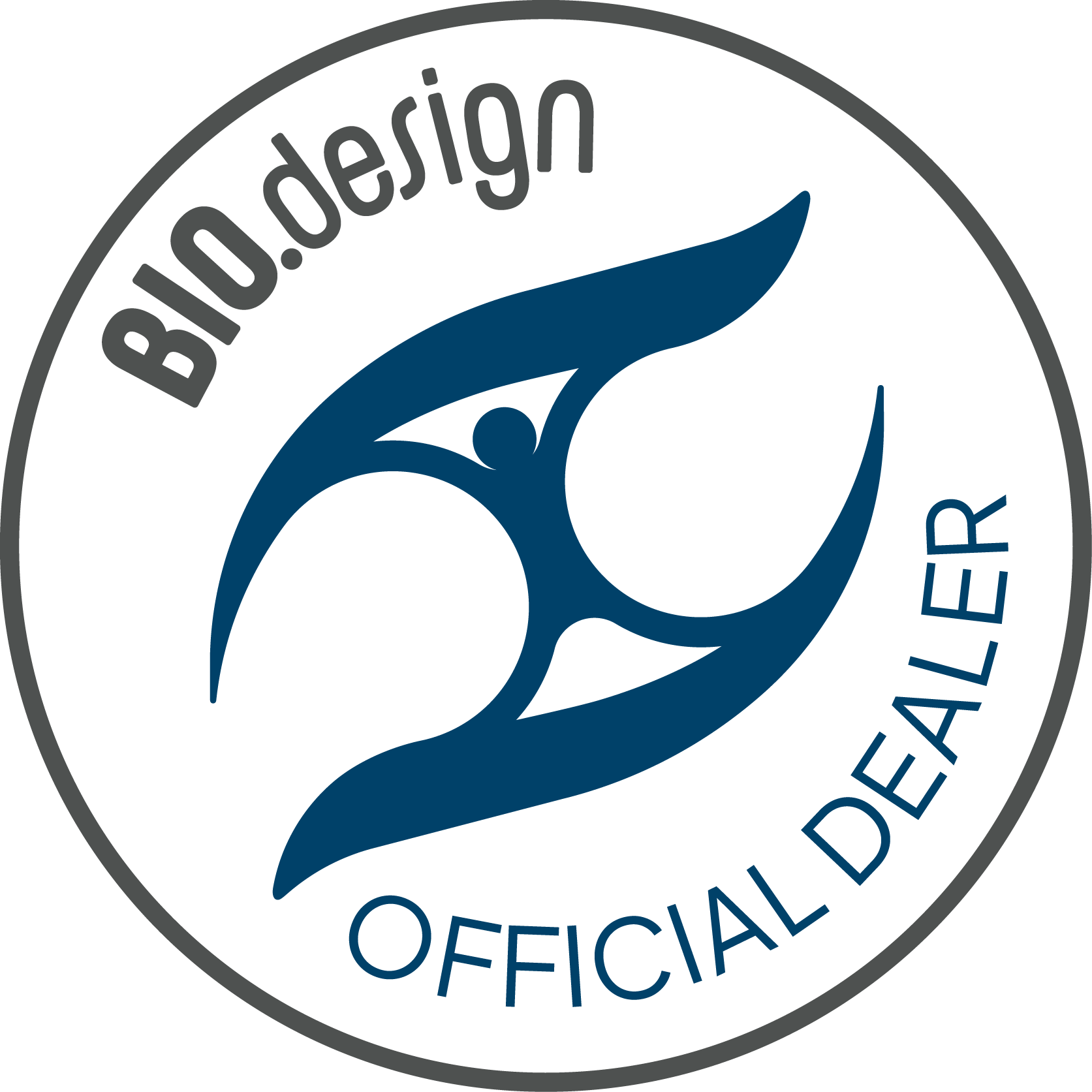 Kreisförmiges Logo mit dem Schriftzug BIO.design" oben, einer stilisierten abstrakten menschlichen Figur in der Mitte und dem Schriftzug OFFIZIELLER HÄNDLER" unten, alles in Blau- und Grautönen.
